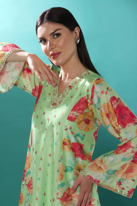 Shop_Bha Sha_Blue Chanderi, Linen Cut Work, Embroidery V-neck Floral Print Tunic And Pant Set _Online_at_Aza_Fashions