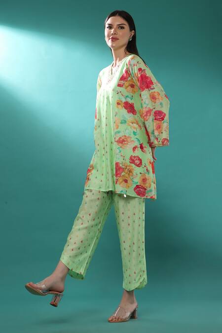 Bha Sha_Blue Chanderi, Linen Cut Work, Embroidery V-neck Floral Print Tunic And Pant Set _at_Aza_Fashions