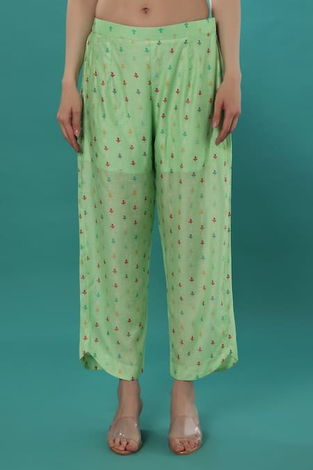 Buy_Bha Sha_Blue Chanderi, Linen Cut Work, Embroidery V-neck Floral Print Tunic And Pant Set 