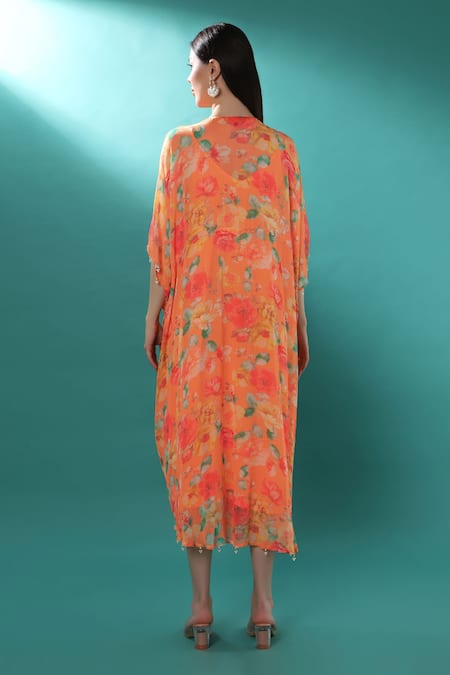 Shop_Bha Sha_Orange Georgette, Satin Sequins, Pearls V-neck Printed Kaftan With Inner _at_Aza_Fashions