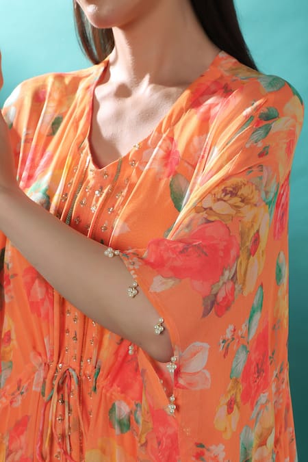 Bha Sha_Orange Georgette, Satin Sequins, Pearls V-neck Printed Kaftan With Inner _Online_at_Aza_Fashions
