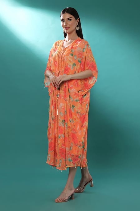 Buy_Bha Sha_Orange Georgette, Satin Sequins, Pearls V-neck Printed Kaftan With Inner _Online_at_Aza_Fashions