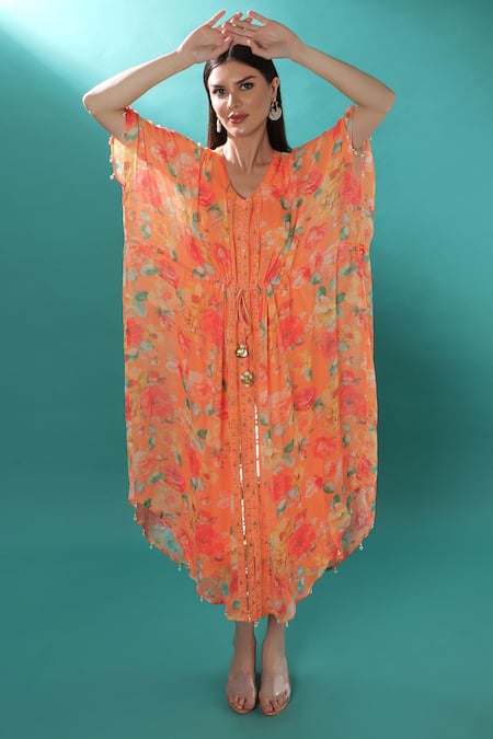 Shop_Bha Sha_Orange Georgette, Satin Sequins, Pearls V-neck Printed Kaftan With Inner _Online_at_Aza_Fashions