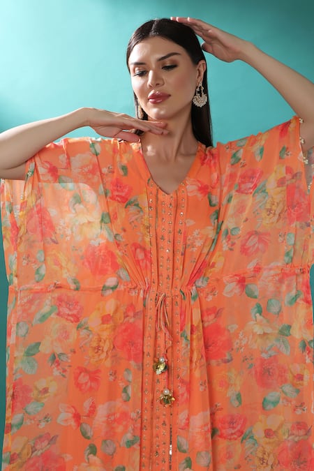 Bha Sha_Orange Georgette, Satin Sequins, Pearls V-neck Printed Kaftan With Inner _at_Aza_Fashions