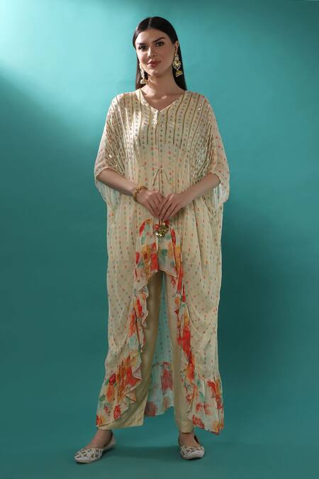 Bha Sha_Ivory Georgette, Satin Sequins, Pearls V-neck Floral Print Kaftan And Pant Set _Online_at_Aza_Fashions