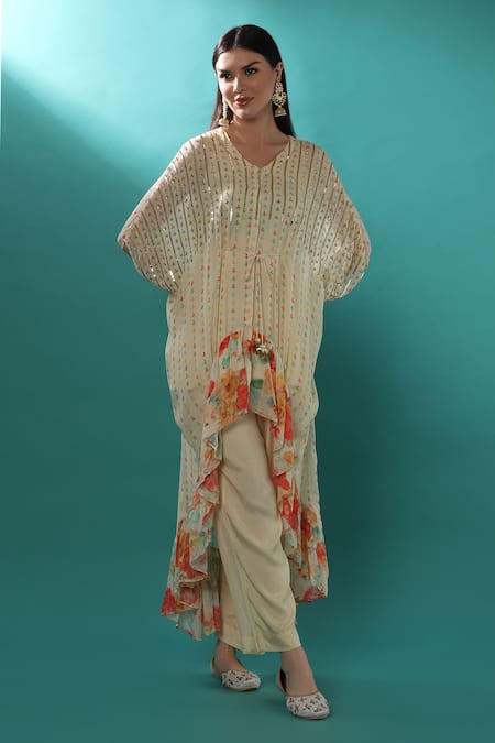 Buy_Bha Sha_Ivory Georgette, Satin Sequins, Pearls V-neck Floral Print Kaftan And Pant Set _Online_at_Aza_Fashions