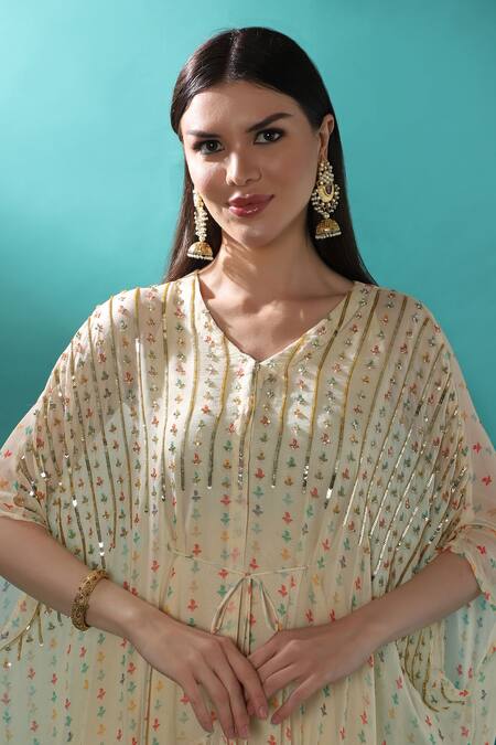 Shop_Bha Sha_Ivory Georgette, Satin Sequins, Pearls V-neck Floral Print Kaftan And Pant Set _Online_at_Aza_Fashions