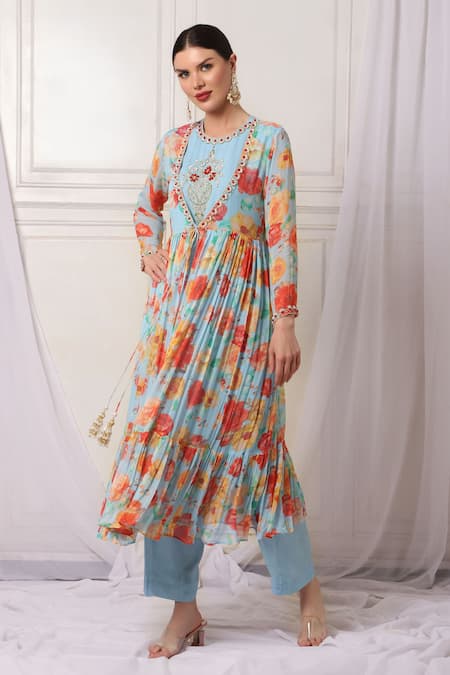 Bha Sha_Blue Georgette, Silk Sequins, Stones, Cut Work Floral Print Jacket And Pant Set _Online_at_Aza_Fashions