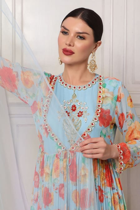 Buy_Bha Sha_Blue Georgette, Silk Sequins, Stones, Cut Work Floral Print Jacket And Pant Set _Online_at_Aza_Fashions