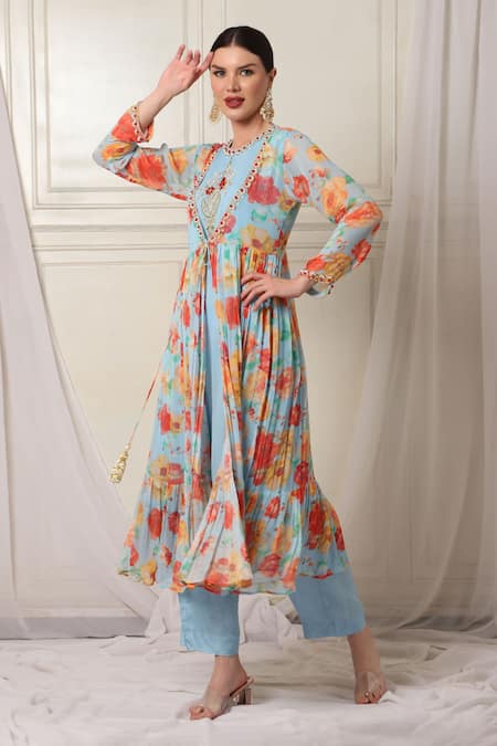 Shop_Bha Sha_Blue Georgette, Silk Sequins, Stones, Cut Work Floral Print Jacket And Pant Set _Online_at_Aza_Fashions