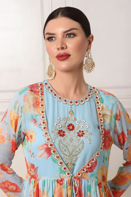 Buy_Bha Sha_Blue Georgette, Silk Sequins, Stones, Cut Work Floral Print Jacket And Pant Set 