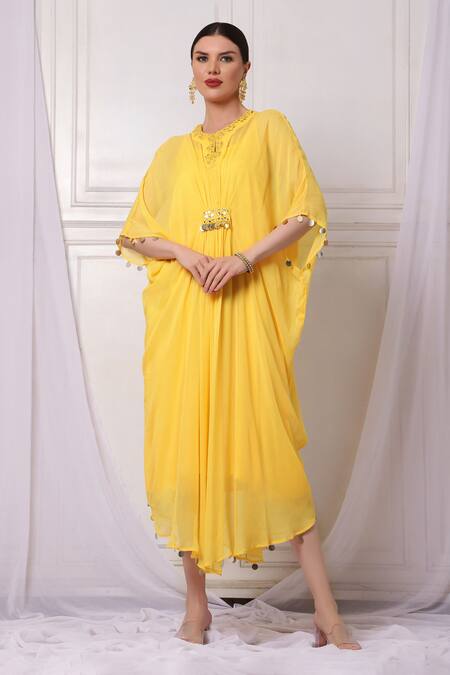 Bha Sha Yellow Georgette Embroidery Round Neck Kaftan With Inner 