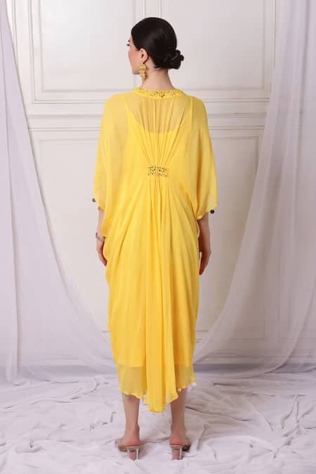 Shop Bha Sha Yellow Georgette Embroidery Round Neck Kaftan With Inner at Aza Fashions Shop_Bha Sha_Yellow Georgette Embroidery Round Neck Kaftan With Inner _at_Aza_Fashions
