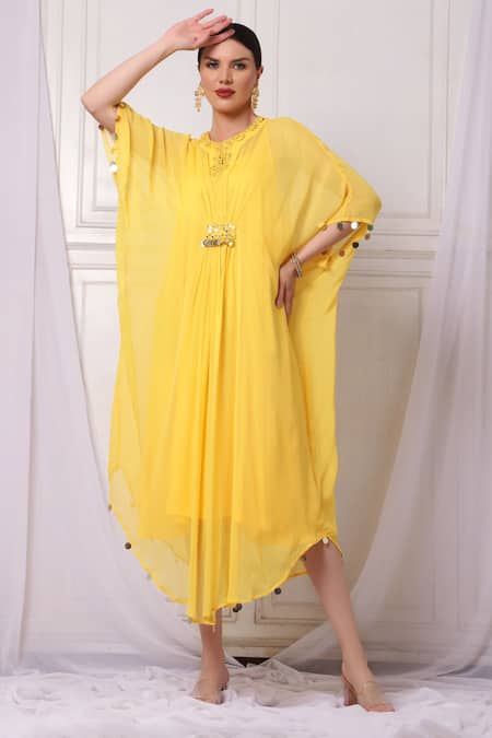 Bha Sha Yellow Georgette Embroidery Round Neck Kaftan With Inner Online at Aza Fashions Bha Sha_Yellow Georgette Embroidery Round Neck Kaftan With Inner _Online_at_Aza_Fashions