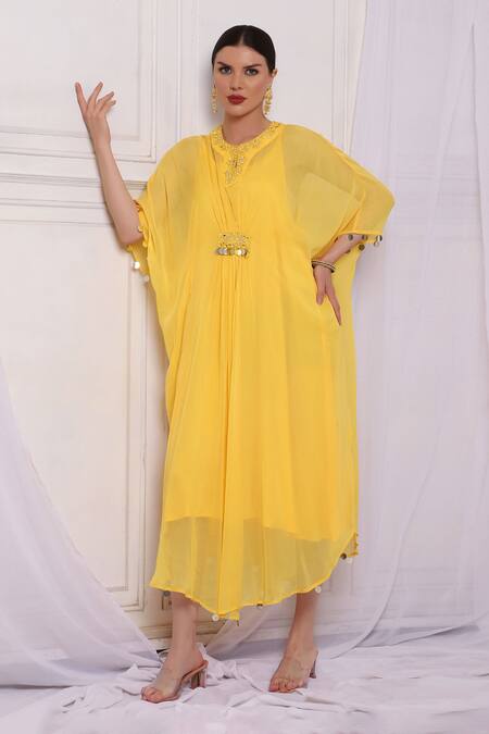 Bha Sha Yellow Georgette Embroidery Round Neck Kaftan With Inner at Aza Fashions Bha Sha_Yellow Georgette Embroidery Round Neck Kaftan With Inner _at_Aza_Fashions