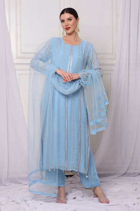 Bha Sha Blue Georgette, Net, Satin Sequins, Cut Work, Pearls Embroidered Kurta Pant Set 