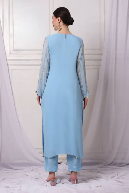 Shop Bha Sha Blue Georgette, Net, Satin Sequins, Cut Work, Pearls Embroidered Kurta Pant Set at Aza Fashions Shop_Bha Sha_Blue Georgette, Net, Satin Sequins, Cut Work, Pearls Embroidered Kurta Pant Set _at_Aza_Fashions