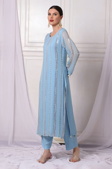 Bha Sha Blue Georgette, Net, Satin Sequins, Cut Work, Pearls Embroidered Kurta Pant Set Online at Aza Fashions Bha Sha_Blue Georgette, Net, Satin Sequins, Cut Work, Pearls Embroidered Kurta Pant Set _Online_at_Aza_Fashions