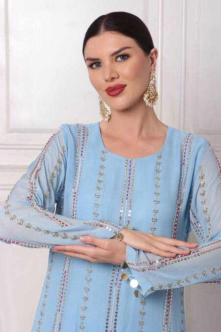 Shop Bha Sha Blue Georgette, Net, Satin Sequins, Cut Work, Pearls Embroidered Kurta Pant Set Online at Aza Fashions Shop_Bha Sha_Blue Georgette, Net, Satin Sequins, Cut Work, Pearls Embroidered Kurta Pant Set _Online_at_Aza_Fashions