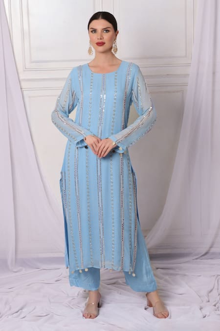 Bha Sha Blue Georgette, Net, Satin Sequins, Cut Work, Pearls Embroidered Kurta Pant Set at Aza Fashions Bha Sha_Blue Georgette, Net, Satin Sequins, Cut Work, Pearls Embroidered Kurta Pant Set _at_Aza_Fashions