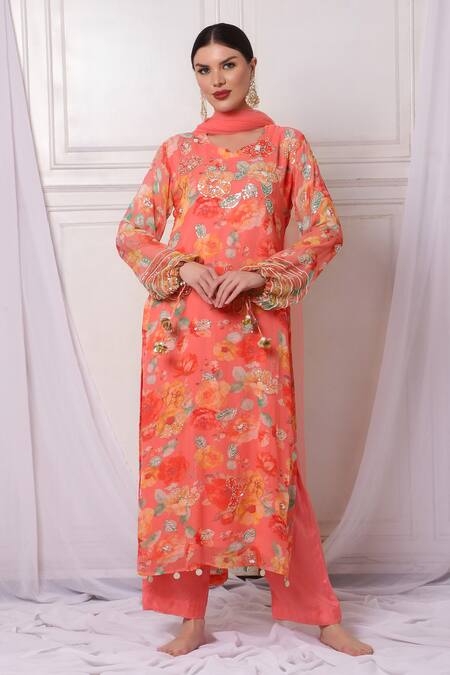 Bha Sha_Pink Georgette, Silk, Net Sequins, Pearls, Cut Work Floral Print Kurta Pant Set _Online_at_Aza_Fashions