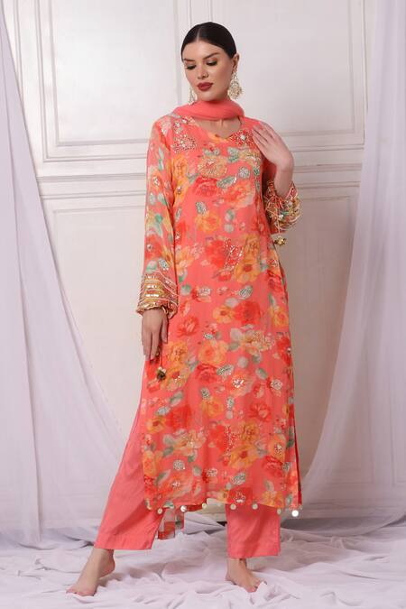 Buy_Bha Sha_Pink Georgette, Silk, Net Sequins, Pearls, Cut Work Floral Print Kurta Pant Set _Online_at_Aza_Fashions