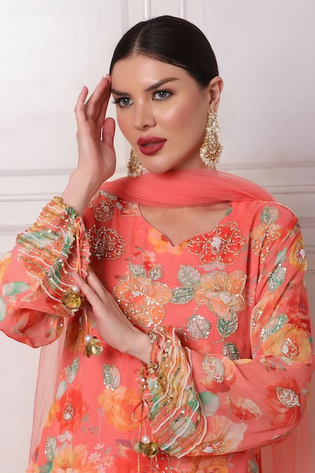 Shop_Bha Sha_Pink Georgette, Silk, Net Sequins, Pearls, Cut Work Floral Print Kurta Pant Set _Online_at_Aza_Fashions