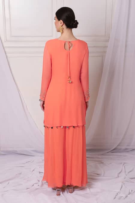 Shop Bha Sha Orange Georgette, Net, Satin, Linen Sequins, Embroidered Kurta Sharara Set at Aza Fashions Shop_Bha Sha_Orange Georgette, Net, Satin, Linen Sequins, Embroidered Kurta Sharara Set _at_Aza_Fashions