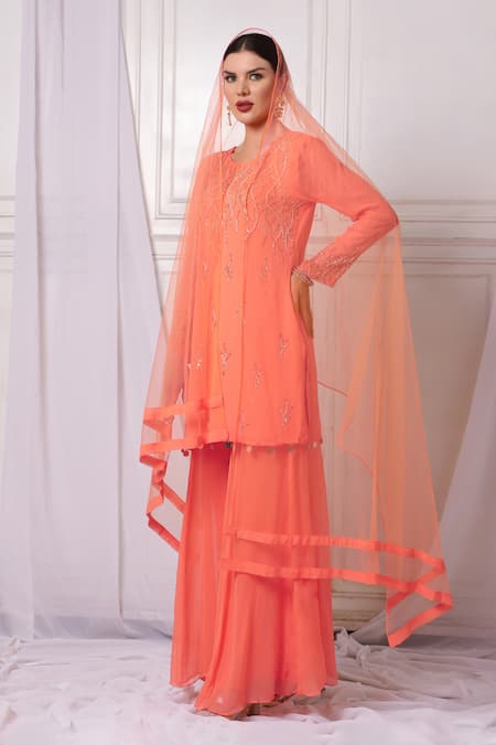 Bha Sha Orange Georgette, Net, Satin, Linen Sequins, Embroidered Kurta Sharara Set Online at Aza Fashions Bha Sha_Orange Georgette, Net, Satin, Linen Sequins, Embroidered Kurta Sharara Set _Online_at_Aza_Fashions