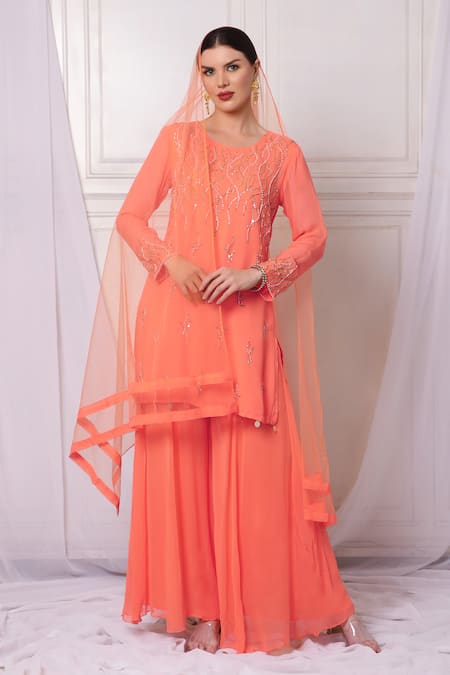 Buy Bha Sha Orange Georgette, Net, Satin, Linen Sequins, Embroidered Kurta Sharara Set Online at Aza Fashions Buy_Bha Sha_Orange Georgette, Net, Satin, Linen Sequins, Embroidered Kurta Sharara Set _Online_at_Aza_Fashions