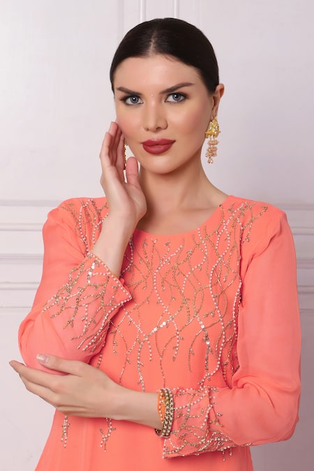 Shop Bha Sha Orange Georgette, Net, Satin, Linen Sequins, Embroidered Kurta Sharara Set Online at Aza Fashions Shop_Bha Sha_Orange Georgette, Net, Satin, Linen Sequins, Embroidered Kurta Sharara Set _Online_at_Aza_Fashions