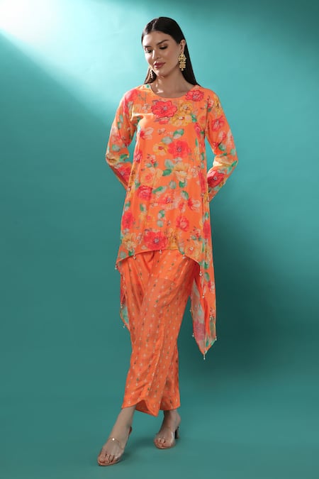 Bha Sha Orange Chanderi Sequins, Embroidery Round Floral Print High-low Tunic And Pant Set 