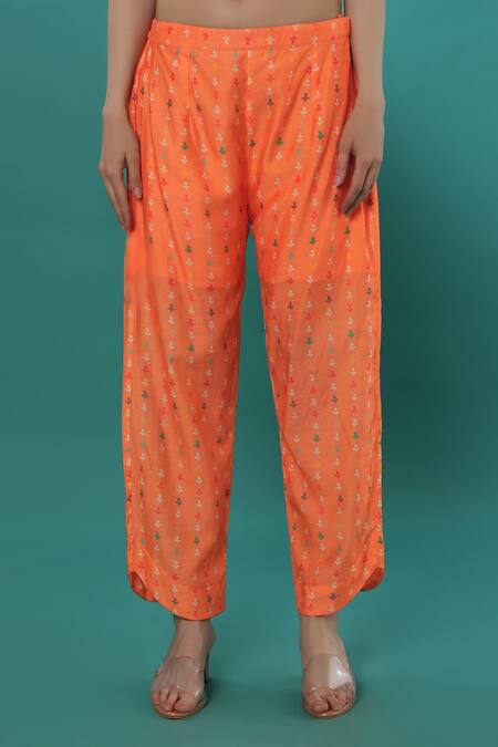 Bha Sha_Orange Chanderi Sequins, Embroidery Round Floral Print High-low Tunic And Pant Set _Online_at_Aza_Fashions