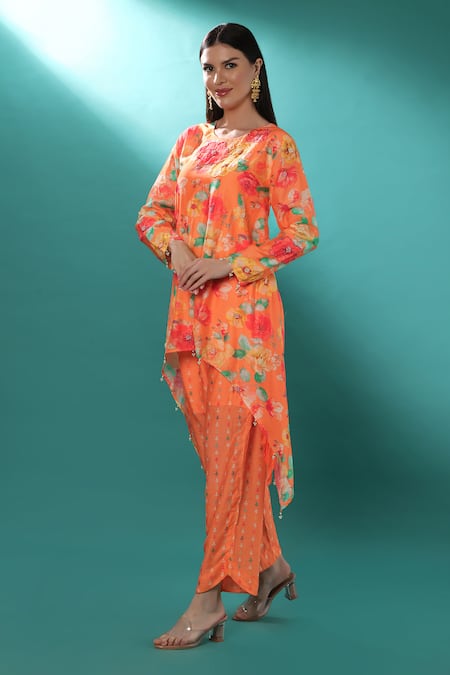 Buy_Bha Sha_Orange Chanderi Sequins, Embroidery Round Floral Print High-low Tunic And Pant Set _Online_at_Aza_Fashions