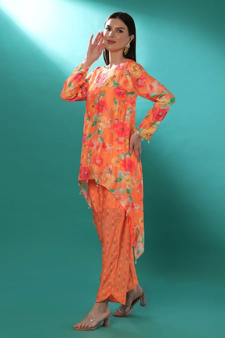 Shop_Bha Sha_Orange Chanderi Sequins, Embroidery Round Floral Print High-low Tunic And Pant Set _Online_at_Aza_Fashions