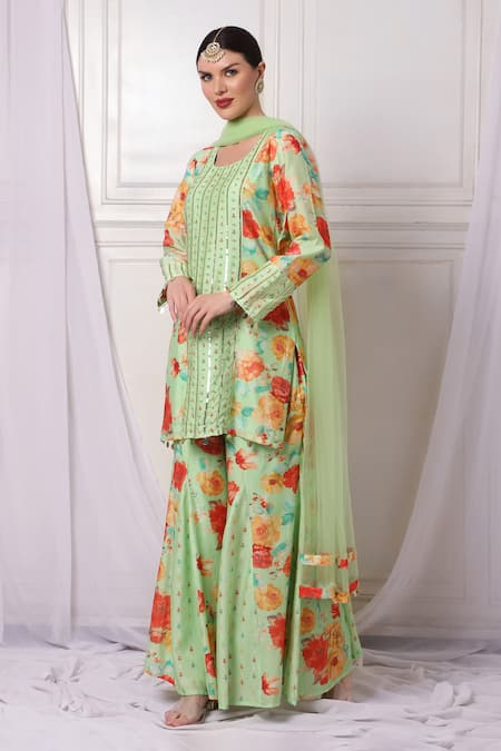 Bha Sha_Blue Chanderi, Net Sequins, Pearls, Cut Work, Floral Print Kurta Sharara Set _Online_at_Aza_Fashions