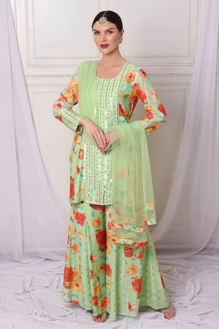 Buy_Bha Sha_Blue Chanderi, Net Sequins, Pearls, Cut Work, Floral Print Kurta Sharara Set _Online_at_Aza_Fashions