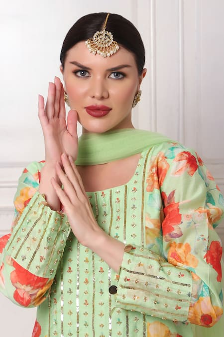 Shop_Bha Sha_Blue Chanderi, Net Sequins, Pearls, Cut Work, Floral Print Kurta Sharara Set _Online_at_Aza_Fashions