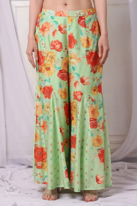 Bha Sha_Blue Chanderi, Net Sequins, Pearls, Cut Work, Floral Print Kurta Sharara Set _at_Aza_Fashions