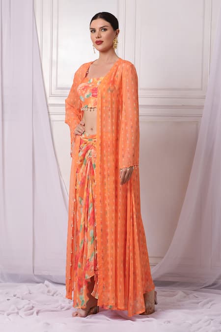 Bha Sha Orange Chanderi, Georgette Embroidery, Pearls Floral Print Jacket Pant Set Online at Aza Fashions Bha Sha_Orange Chanderi, Georgette Embroidery, Pearls Floral Print Jacket Pant Set _Online_at_Aza_Fashions