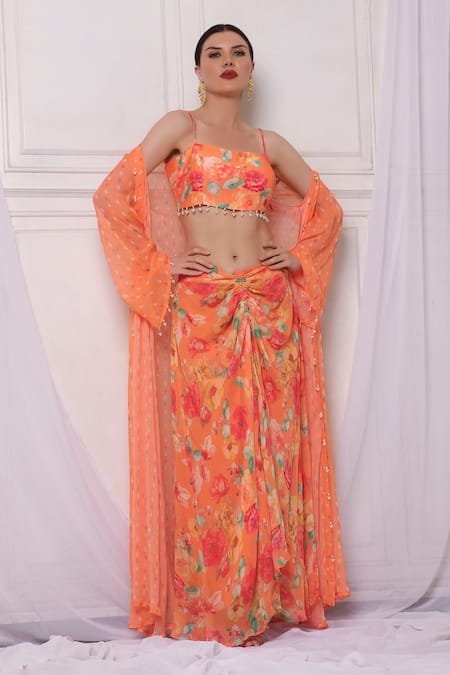 Buy Bha Sha Orange Chanderi, Georgette Embroidery, Pearls Floral Print Jacket Pant Set Online at Aza Fashions Buy_Bha Sha_Orange Chanderi, Georgette Embroidery, Pearls Floral Print Jacket Pant Set _Online_at_Aza_Fashions