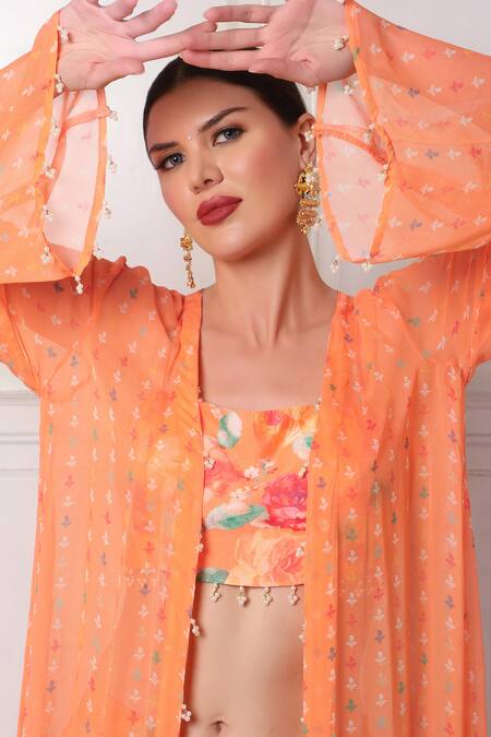 Shop Bha Sha Orange Chanderi, Georgette Embroidery, Pearls Floral Print Jacket Pant Set Online at Aza Fashions Shop_Bha Sha_Orange Chanderi, Georgette Embroidery, Pearls Floral Print Jacket Pant Set _Online_at_Aza_Fashions