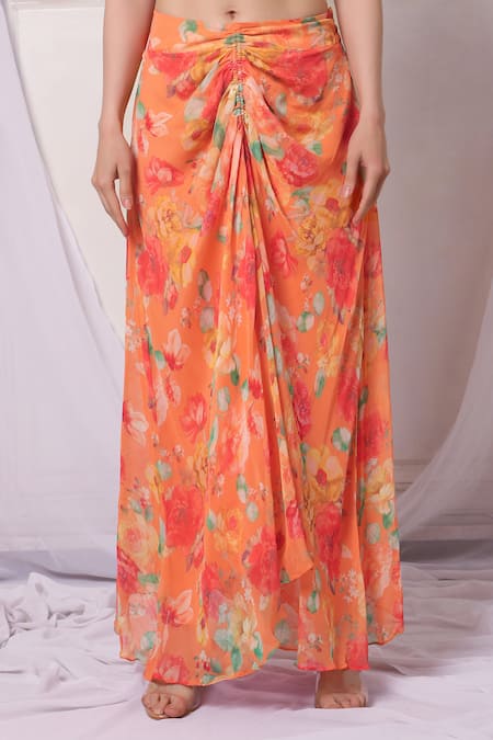Bha Sha Orange Chanderi, Georgette Embroidery, Pearls Floral Print Jacket Pant Set at Aza Fashions Bha Sha_Orange Chanderi, Georgette Embroidery, Pearls Floral Print Jacket Pant Set _at_Aza_Fashions