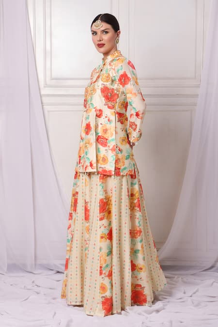 Bha Sha_Ivory Chanderi, Net Pearls, Sequins, Beads Panelled Embroidered Lehenga Set _Online_at_Aza_Fashions