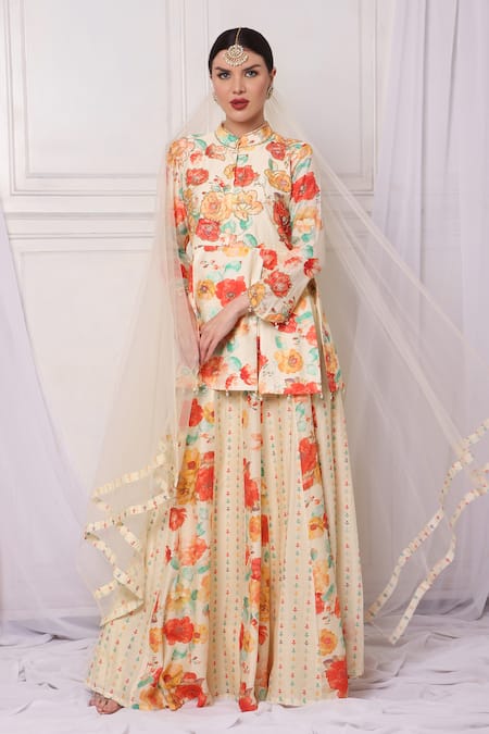 Buy_Bha Sha_Ivory Chanderi, Net Pearls, Sequins, Beads Panelled Embroidered Lehenga Set _Online_at_Aza_Fashions