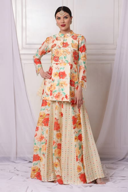 Shop_Bha Sha_Ivory Chanderi, Net Pearls, Sequins, Beads Panelled Embroidered Lehenga Set _Online_at_Aza_Fashions