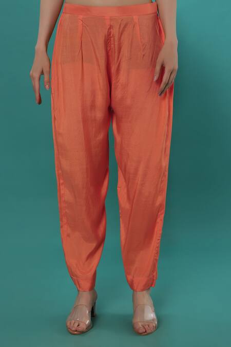 Bha Sha_Orange Georgette, Cotton, Polyester Pearls, Stones, High Low Tunic Pant Set _Online_at_Aza_Fashions