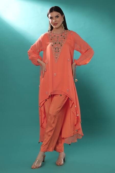 Buy_Bha Sha_Orange Georgette, Cotton, Polyester Pearls, Stones, High Low Tunic Pant Set _Online_at_Aza_Fashions