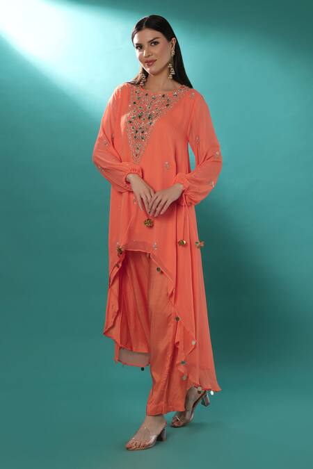Shop_Bha Sha_Orange Georgette, Cotton, Polyester Pearls, Stones, High Low Tunic Pant Set _Online_at_Aza_Fashions
