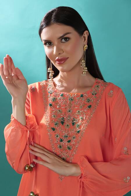 Bha Sha_Orange Georgette, Cotton, Polyester Pearls, Stones, High Low Tunic Pant Set _at_Aza_Fashions